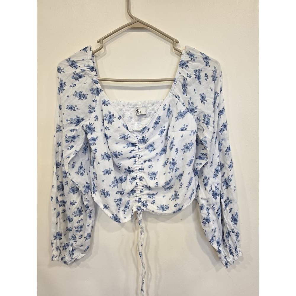 Hollister Blue Floral Ruched Peasant Top Women's Medium Cottagecore Coquette